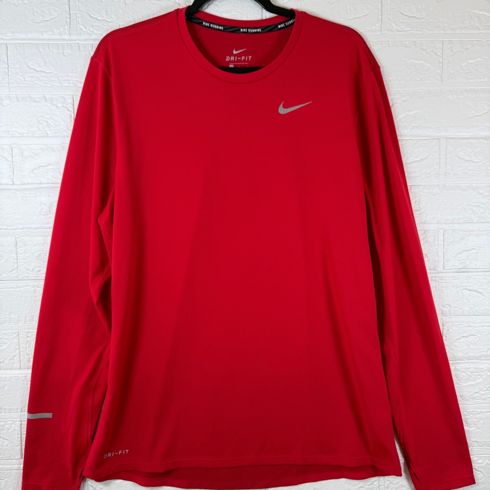Nike Running Shirt Mens Large Red Dri-Fit Long Sleeve Performance Top